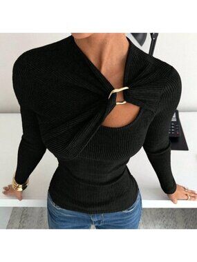 Black Casual Women's Soft Asymmetric Long Sleeve T-Shirt with Metal Buckle